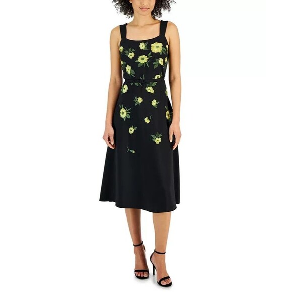 Anne Klein Women’s Floral Embroidered Belted Midi Dress, Midi, Navy, 4 - Picture 1 of 1